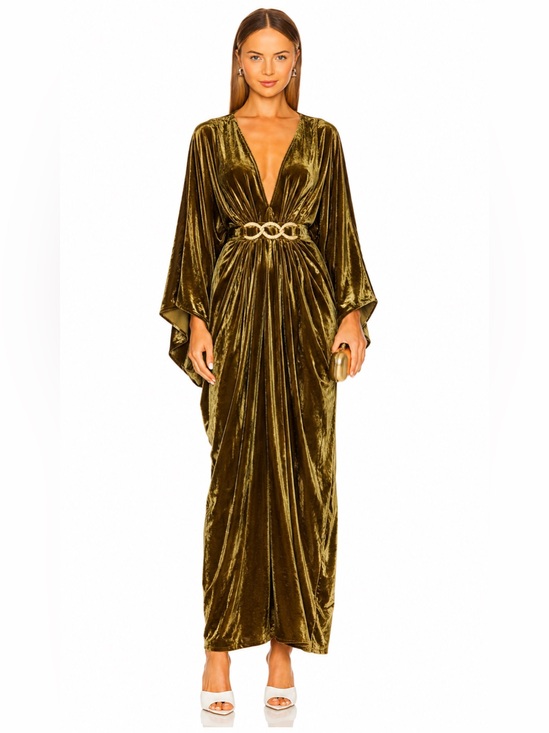 REVOLVE Dresses & Skirts - Revolve Jamil Olive Green Velvet Maxi Dress with Gold Chain Belt NWT Size Small